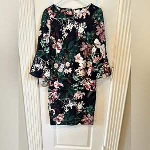 Calvin Klein Bell Sleeve Sheath Dress Sz 6 Black with multi-color pattern